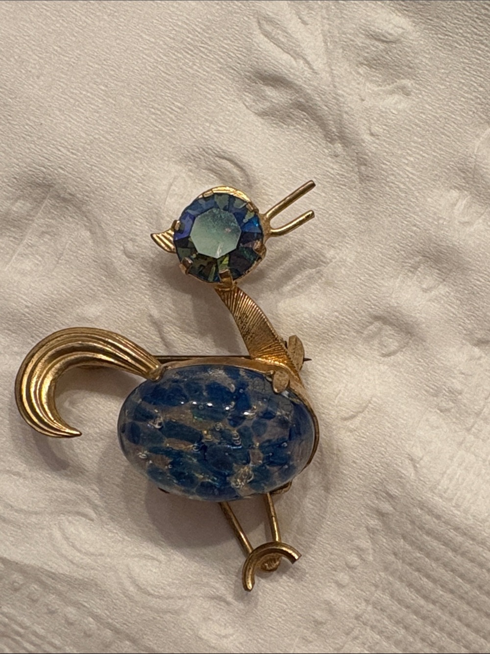 Vintage Czech Blue Art Glass Bird Brooch Signed Czechoslovakia